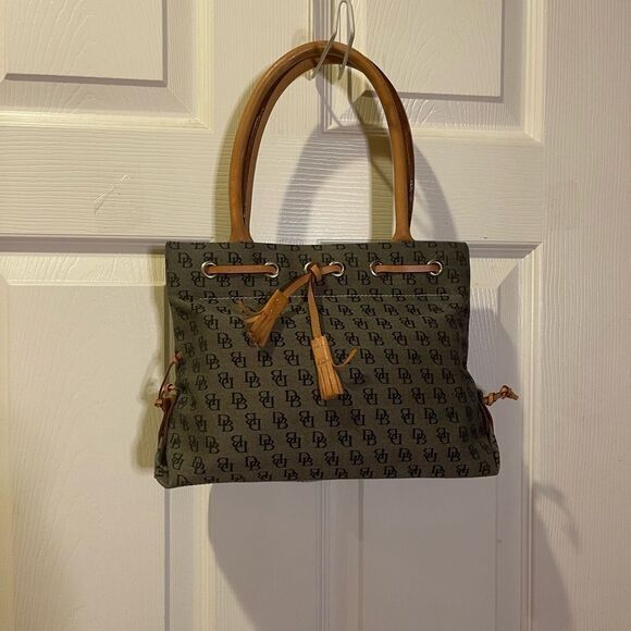 Dooney & Bourke small gray canvas logo tan leather straps and tassels.satchel. - Picture 1 of 12